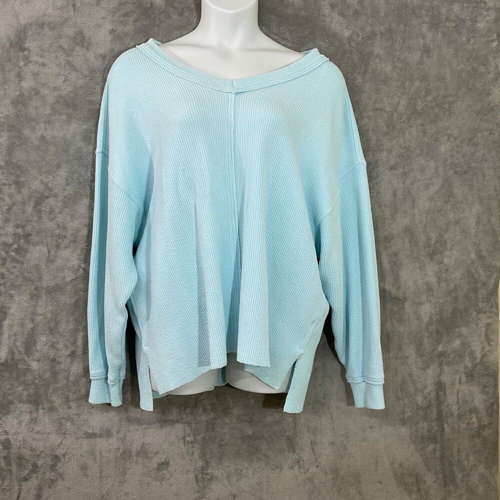 Aerie Textured V-Neck Sweatshirt Women's size XL Blue Oversized Fit slouchy